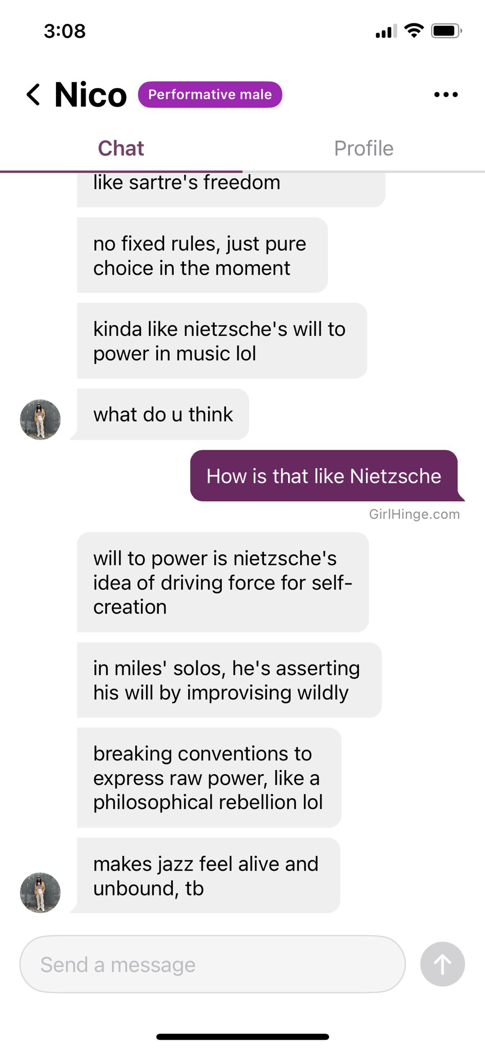 Girl Hinge Chat Example